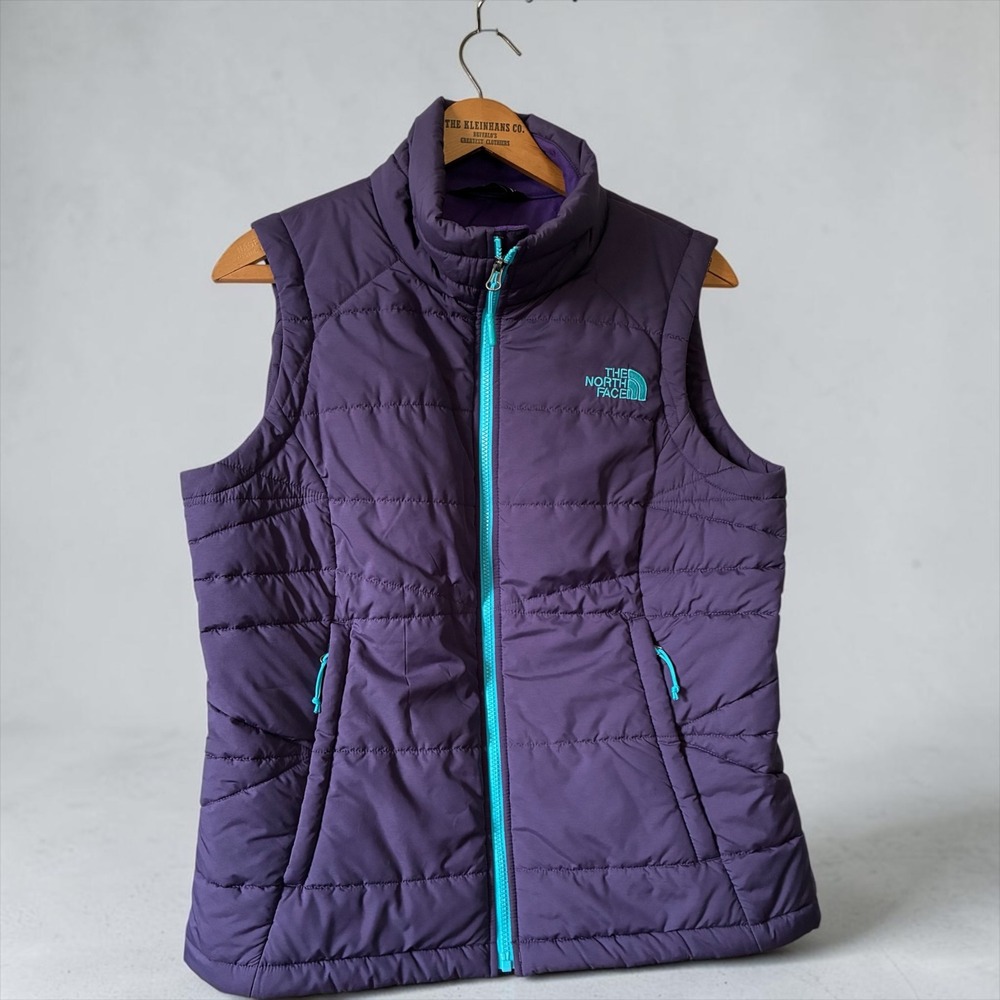 The North Face Womens Purple Quilted Puffer Vest Teal Trim Full Zip Large